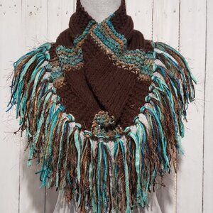Cowl Scarf Fringe Hand Knitted Brown Teal Women's Boho Hippie Glam Artsy Coastal